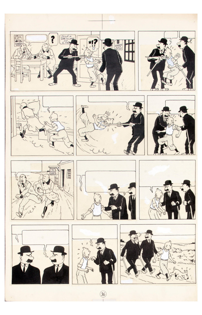 Selon Renaud Nattiez, Hergé « cumule la lisibilité du récit et celle du dessin ». Ici, une planche de « L’Île Noire » en noir et blanc. Planche 36 de la première version de l’album.
