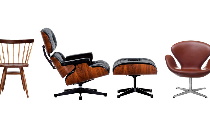 Chaise « Straight Chair » de George Nakashima, « Lounge Chair » de Charles et Ray Eames et fauteuil « Swan », de Arne Jacobsen