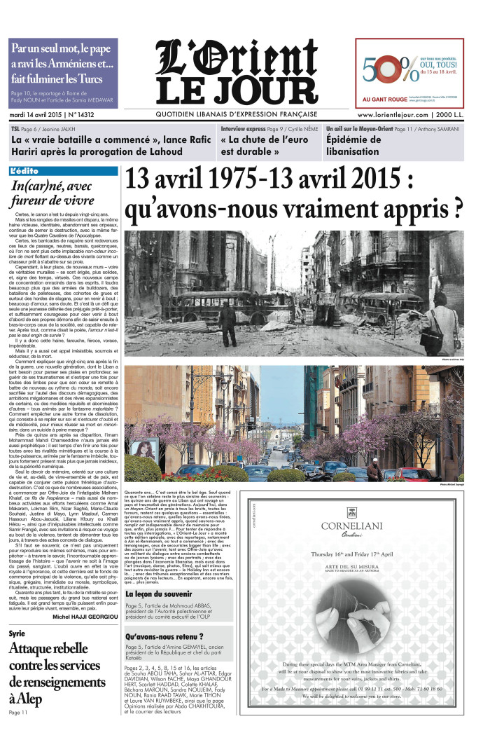 Le 14 avril 2015, le quotidien L’Orient-Le Jour consacrait sa une au 40e anniversaire du début de la guerre du Liban, qui sévit de 1975 à 1990.
