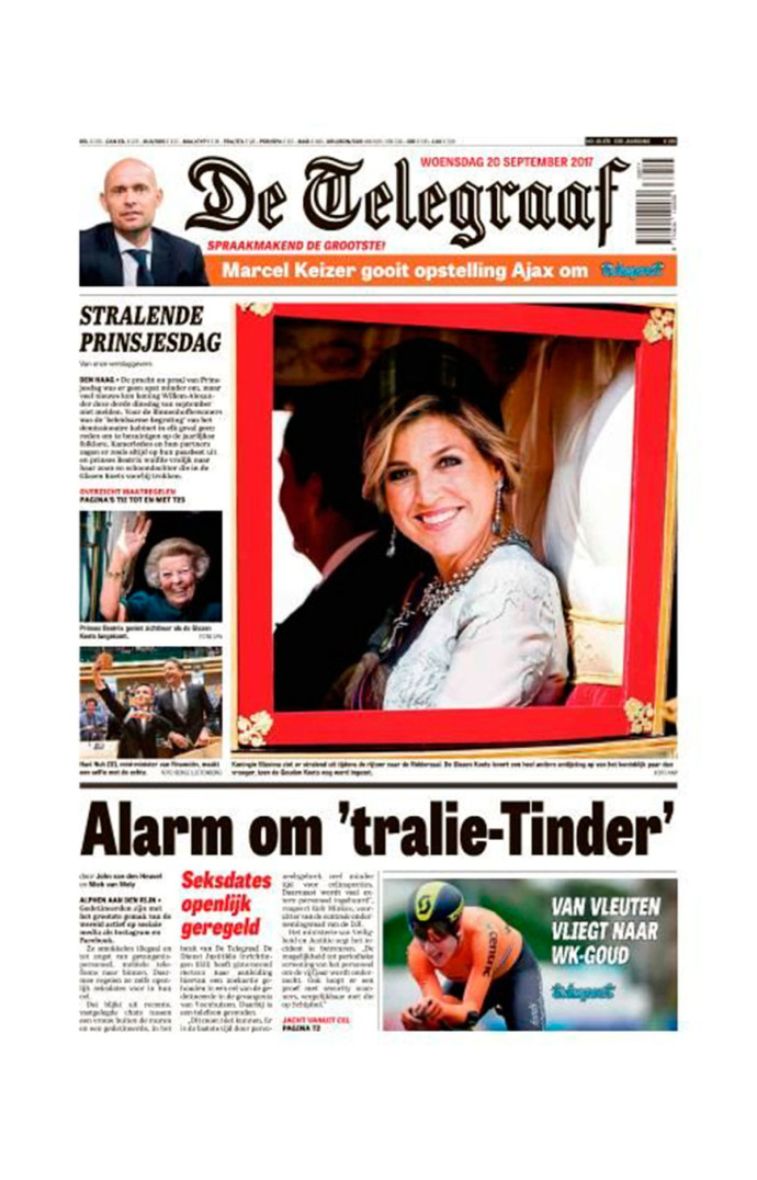 Les unes de De Telegraaf renvoient l’image d’un journal plutôt populaire. Celle de l’édition du 20 septembre 2017 titrait sur le sport et les têtes couronnées.
