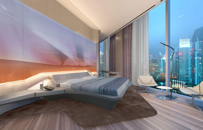 L’une des chambres du ME Dubaï, meublée par Zaha Hadid.