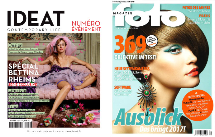 A gauche, la Une du numéro spécial Bettina Rheims d’IDEAT de mai dernier, à droite, le prochain numéro de Fotomagazin.