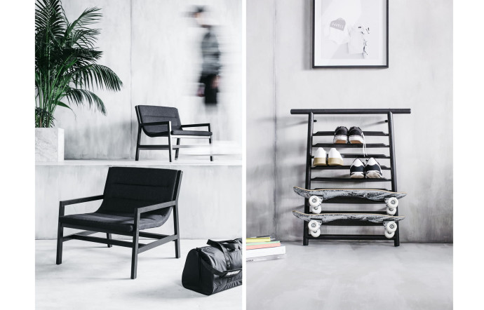 Un fauteuil, un sac, une étagère et un skateboard issus de la collection capsule Spänst, Chris Stamp pour Ikea.
