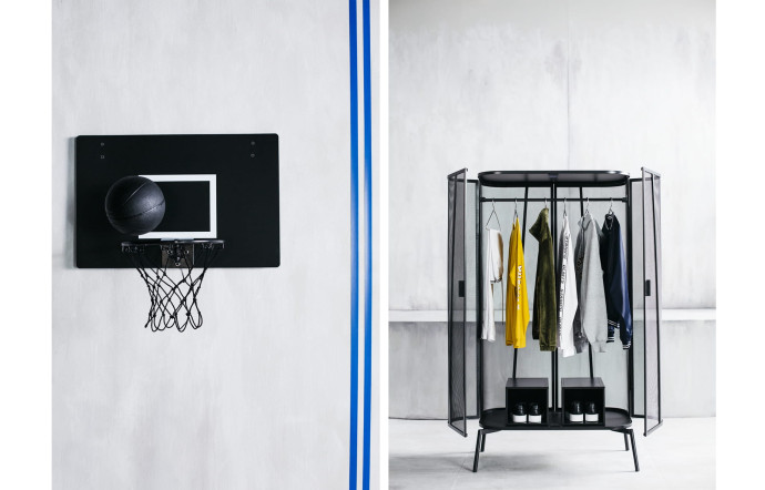 Un panier de basket et une penderie. Collection capsule Spänst, Chris Stamp pour Ikea.