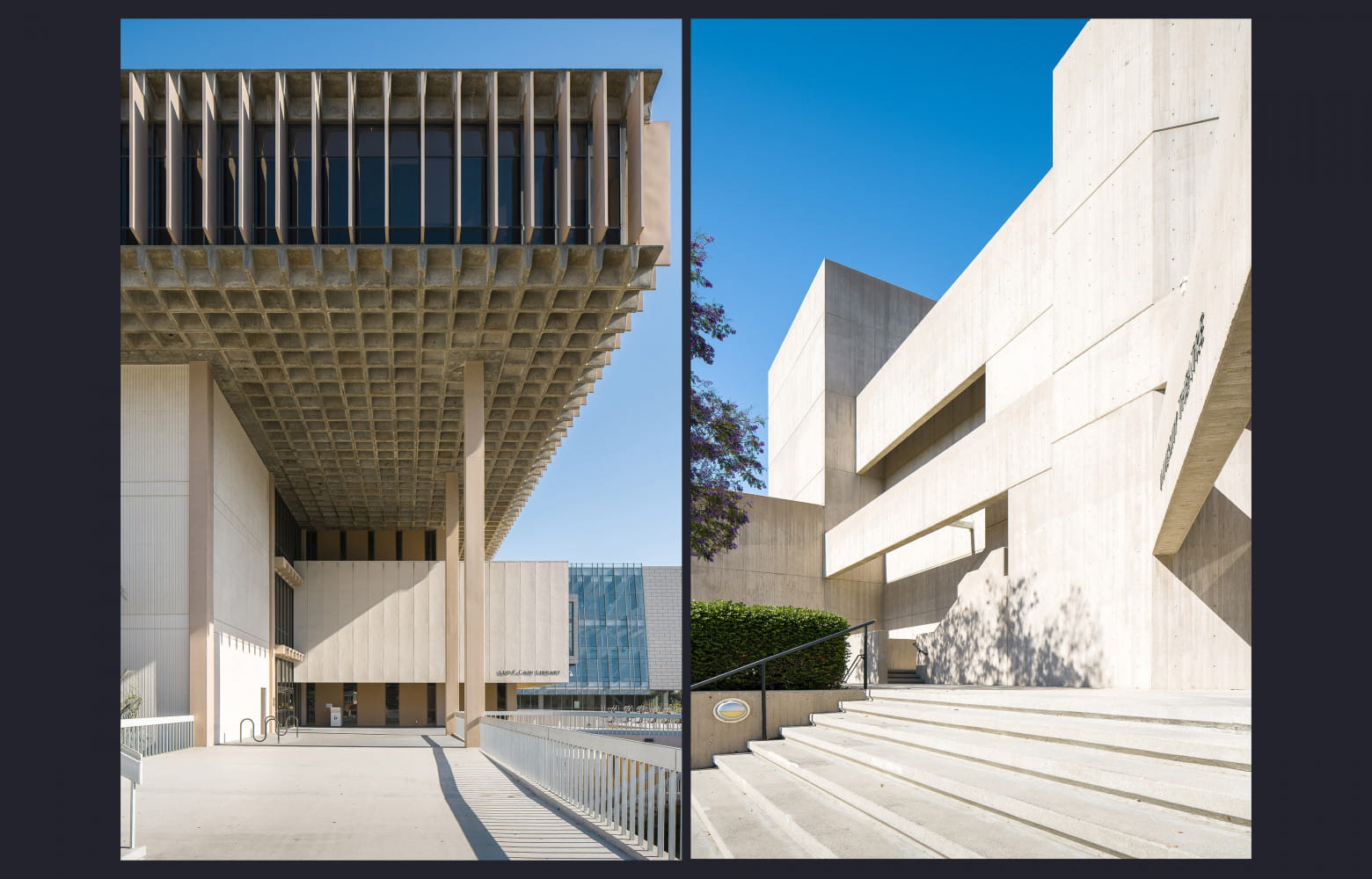 La bibliothèque et le théâtre de l’université CSUDH conçus respectivement par A. Quincy Jones et Dan Dworsky.