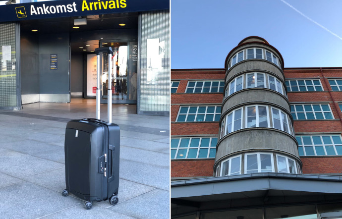 A gauche, notre valise cabine Revolve à l’aéroport de Copenhague, à droite le siège de Thule à Malmö.
